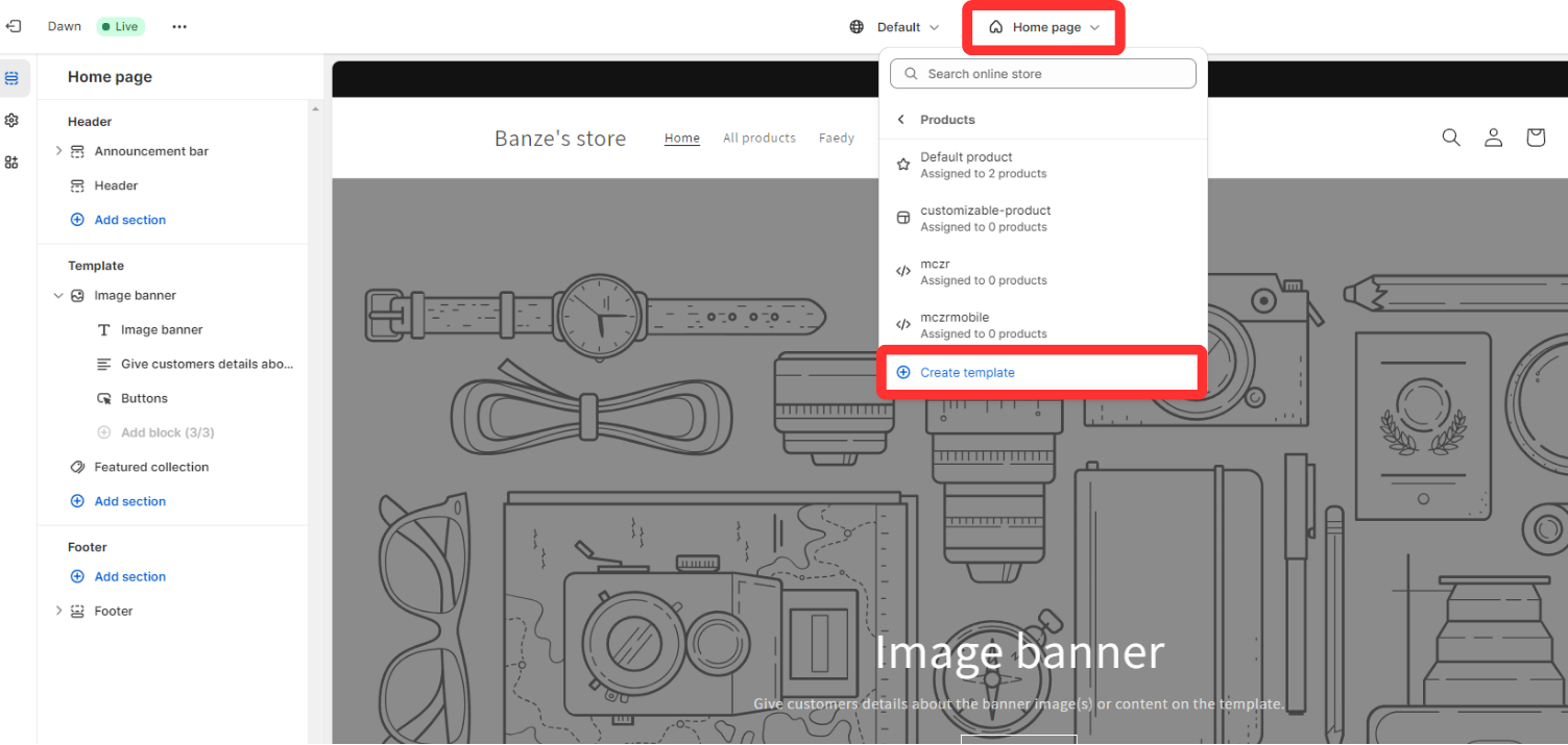 Create template button in Shopify