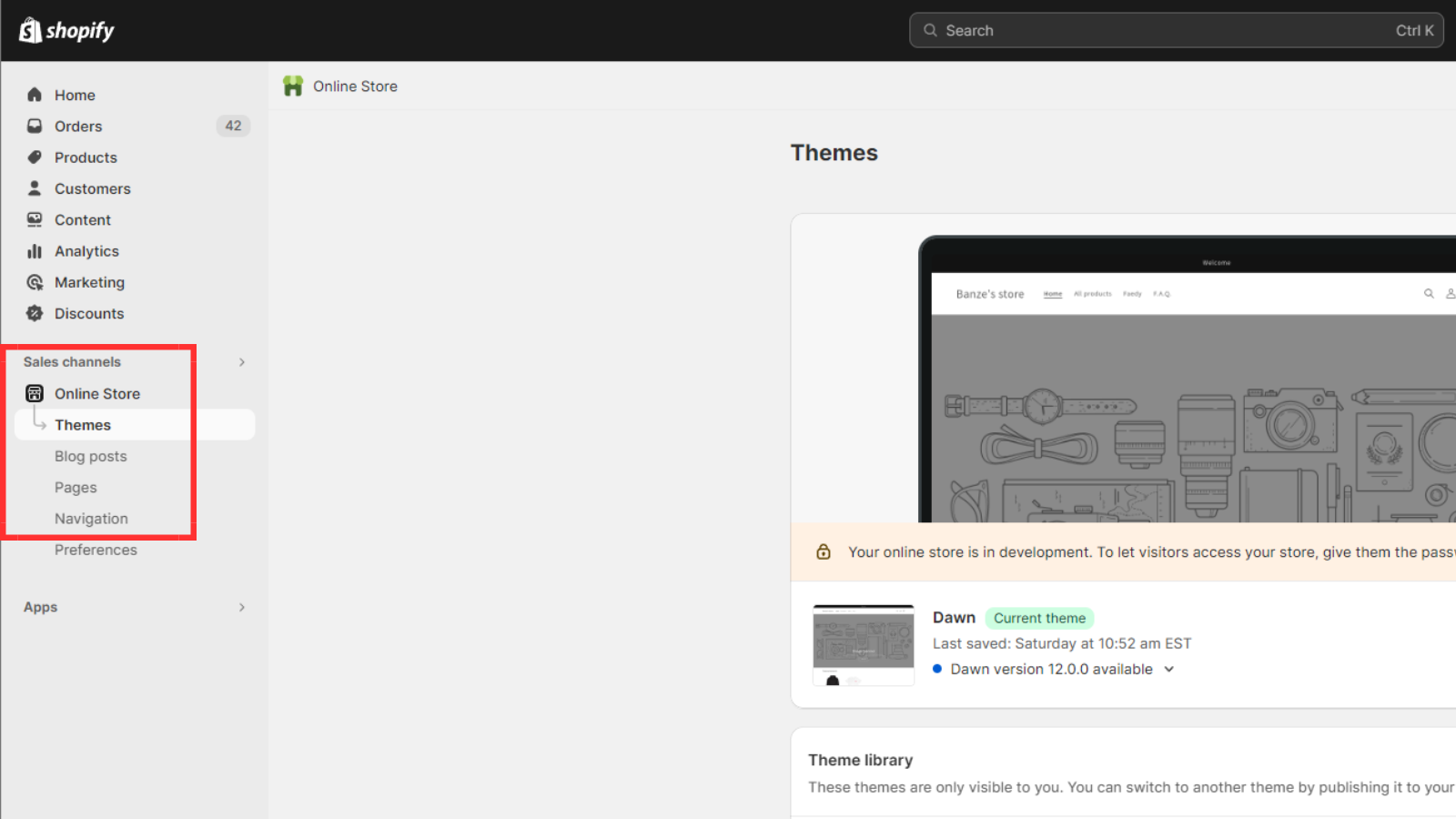 Shopify admin page where you can find your online store themes