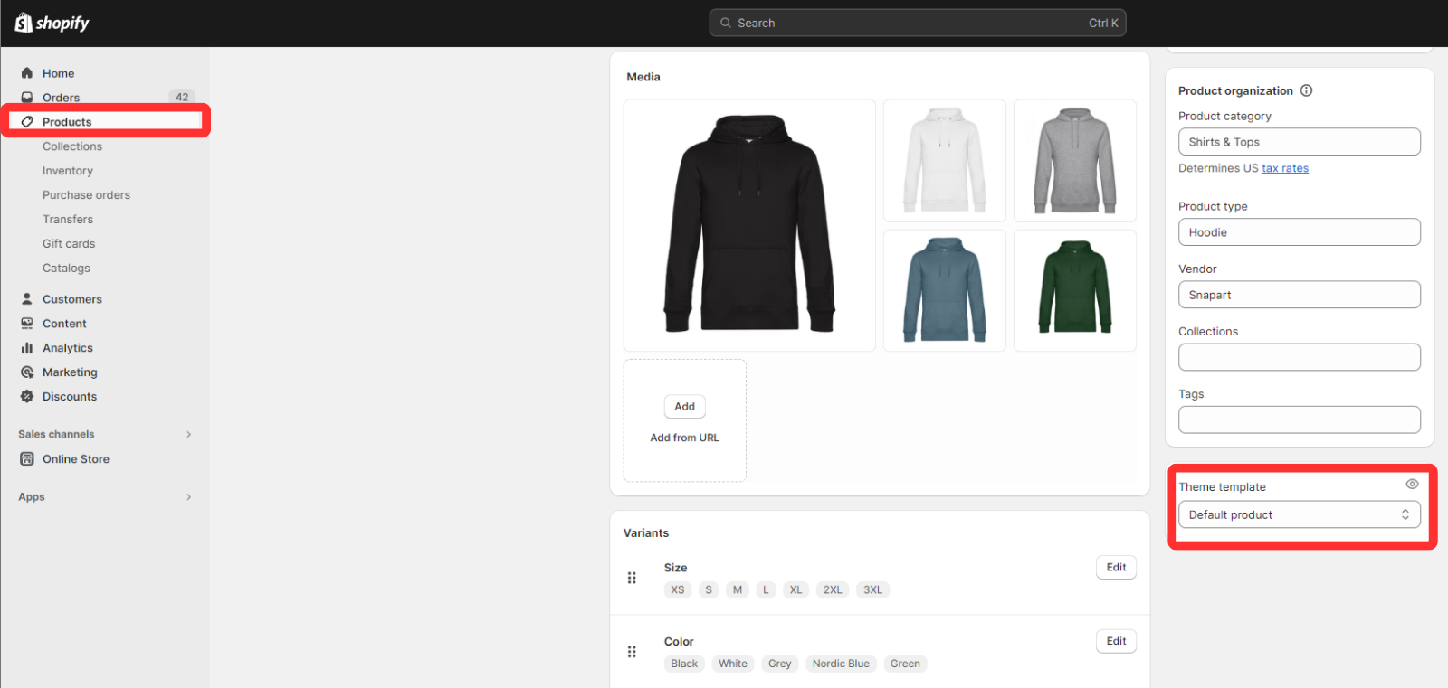 Product page theme template section in Shopify