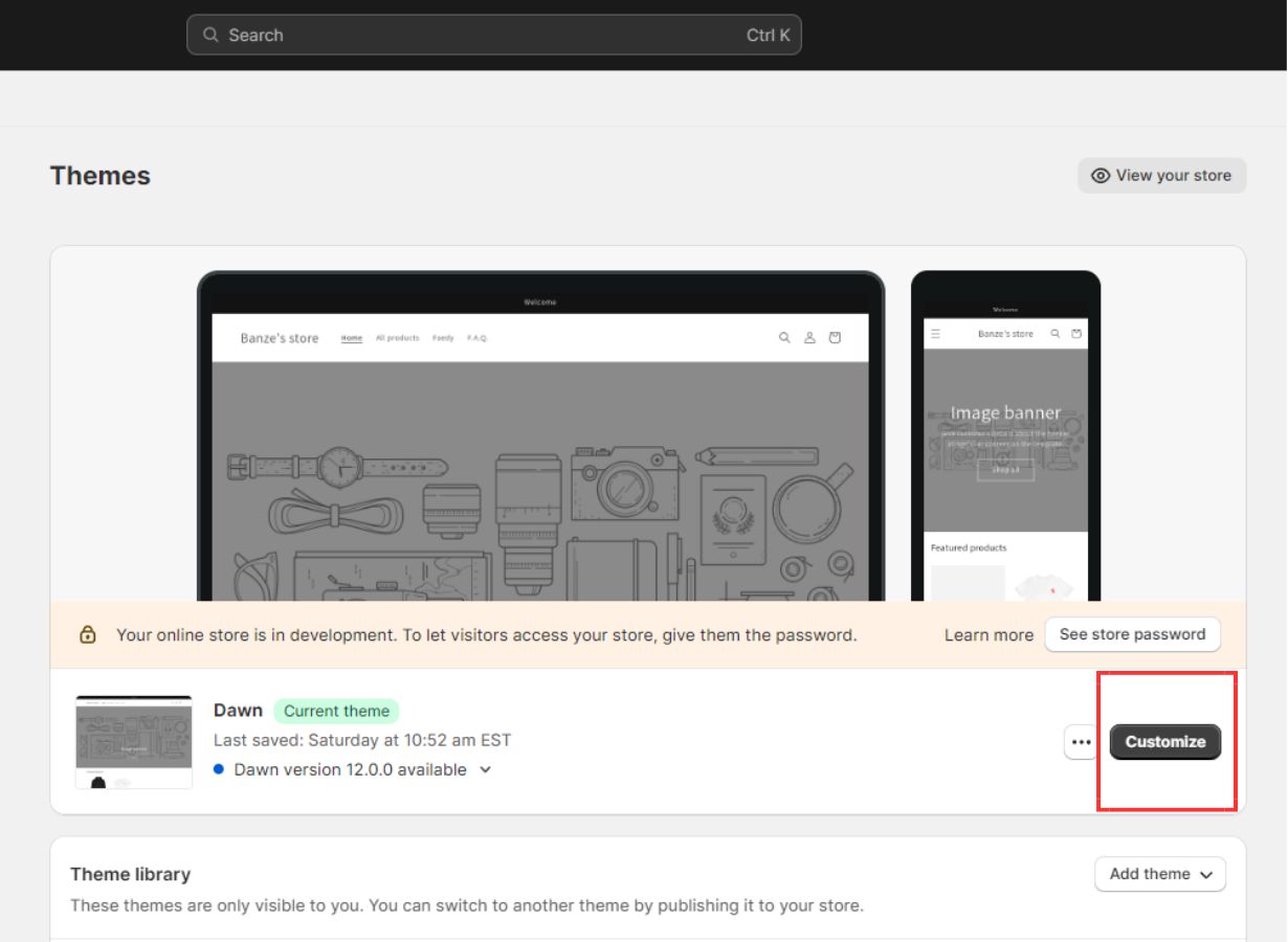 Theme customization section in Shopify